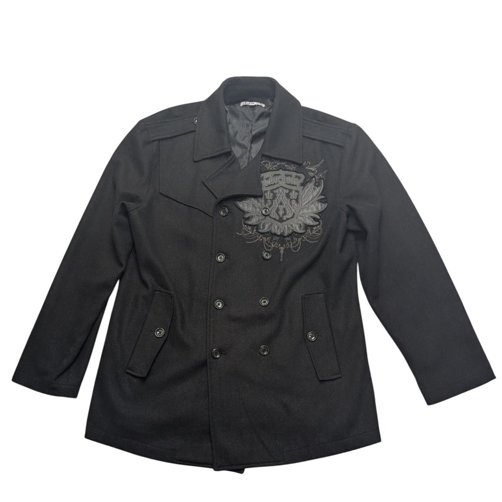 Archaic Pea Coat Mens XL Black Wool Blend Embroidered Gothic Back Graphic AM516